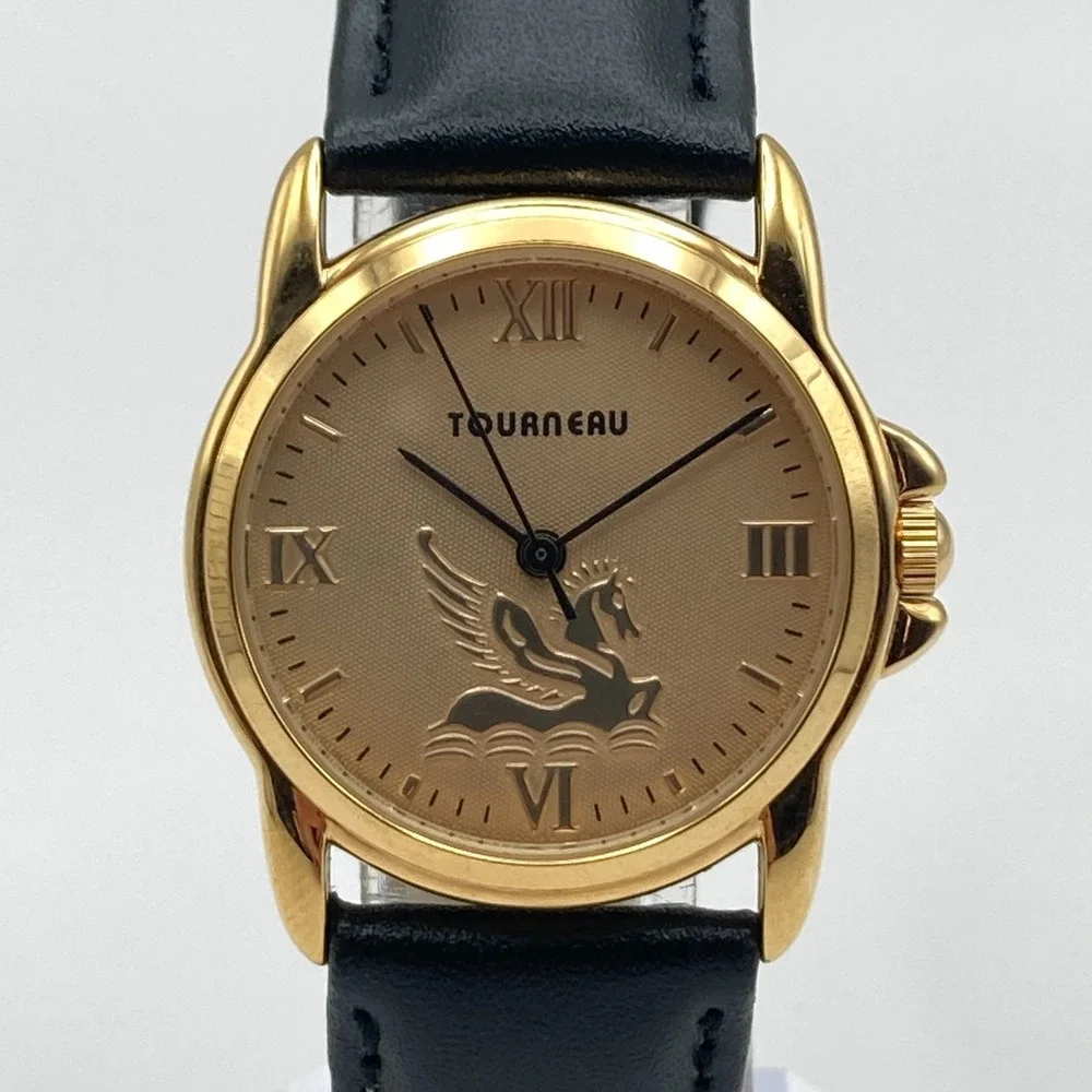 Tourneau Pegasus Watch Women 30mm Gold Tone Black Leather 30M New Battery 8.25